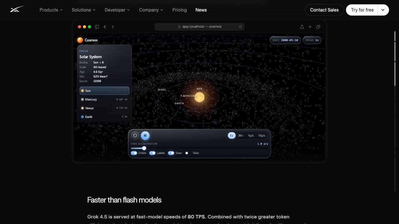 Interactive solar-system application built by Grok 4.5 from a single prompt on the official release page