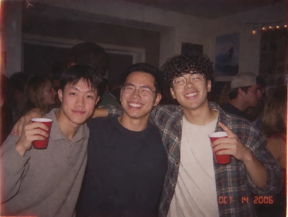 Three people at a party combined from separate reference photos in an official ChatGPT Images 2.5 example.