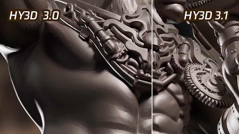 Official split-screen comparison labeled HY3D 3.0 and HY3D 3.1, showing an ornate sculpt